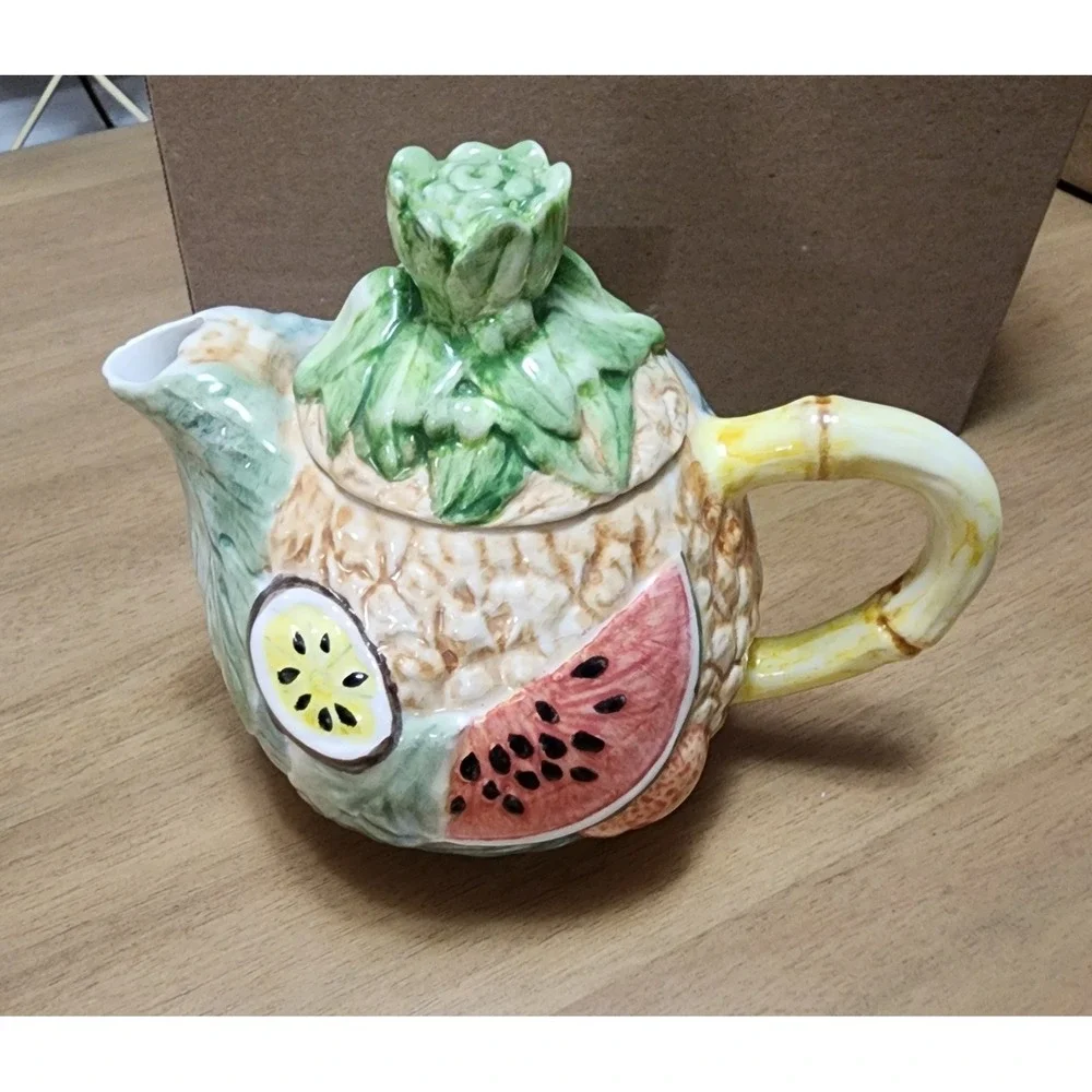 Pastel Fruit Design Teapot Fg Portugal Hand Painted Ceramic